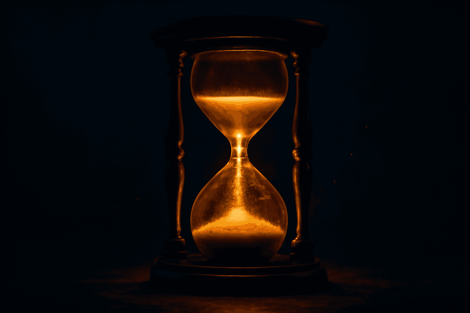 An antique hourglass with glowing golden sand, radiant in deep darkness, endurance through the long night.