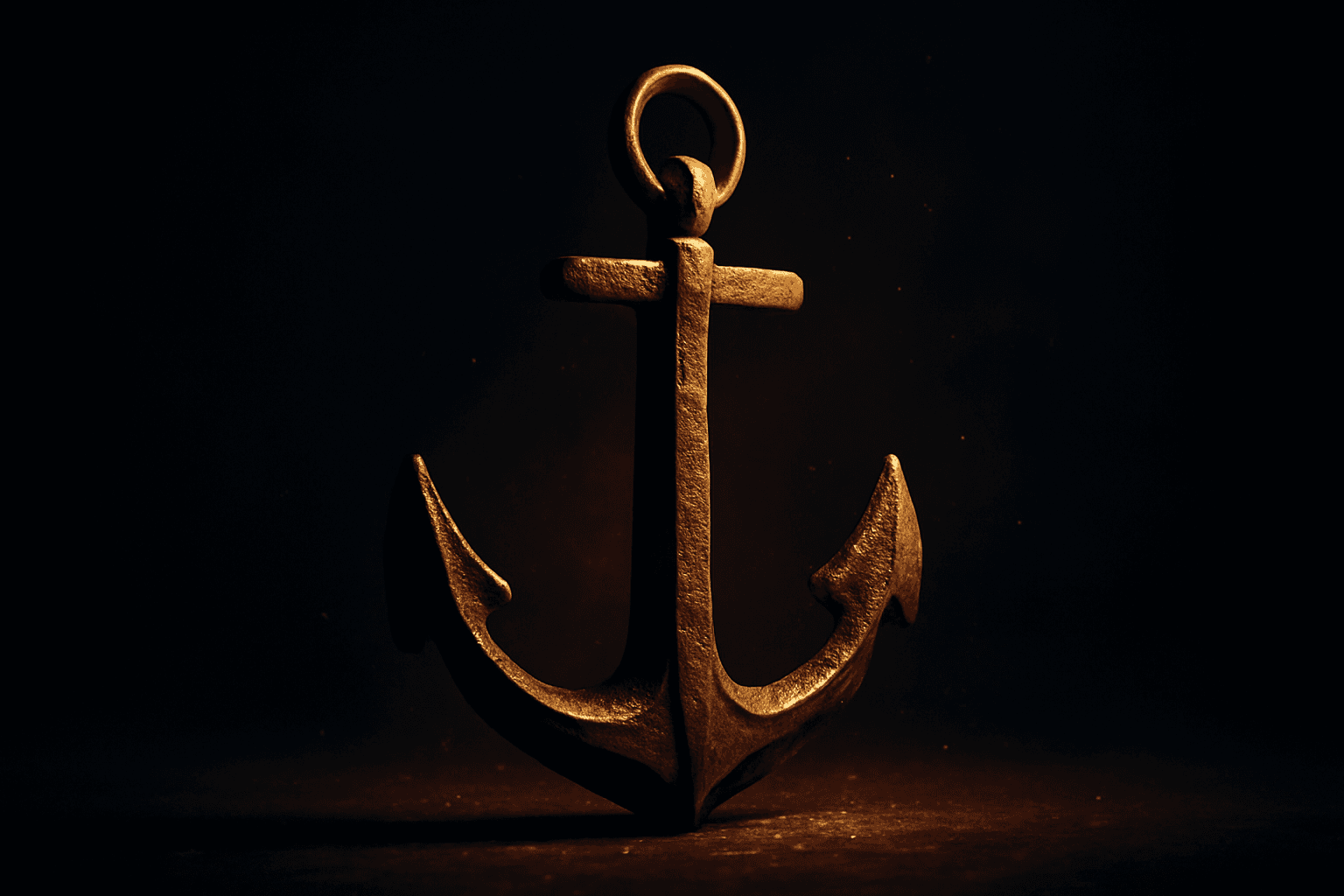 A heavy iron anchor catching warm golden light against deep darkness — steadfast and immovable hope.